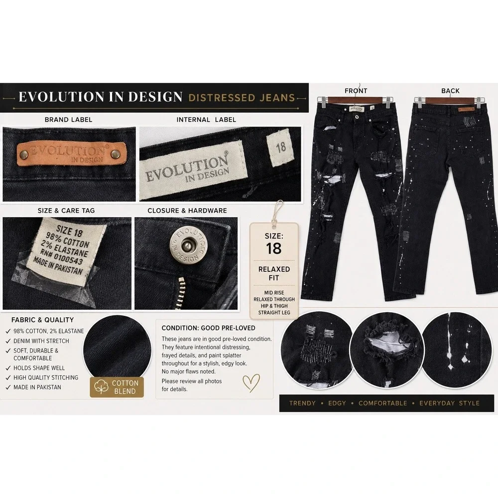 Evolution In Design Distressed Jeans Boys 18 Black Excellent Paint Splatter Edgy